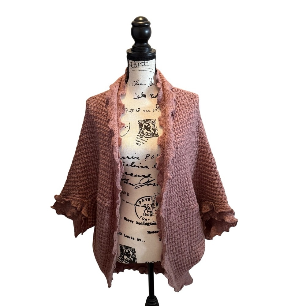 Anthropologie MOTH Crochet Ruffle Cardigan Sweater Pink Mauve Size XS Oversized